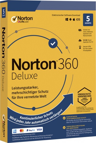 Norton 360 Deluxe, 50 GB Cloud-Backup, 5 Geräte 1 Jahr KEIN ABO